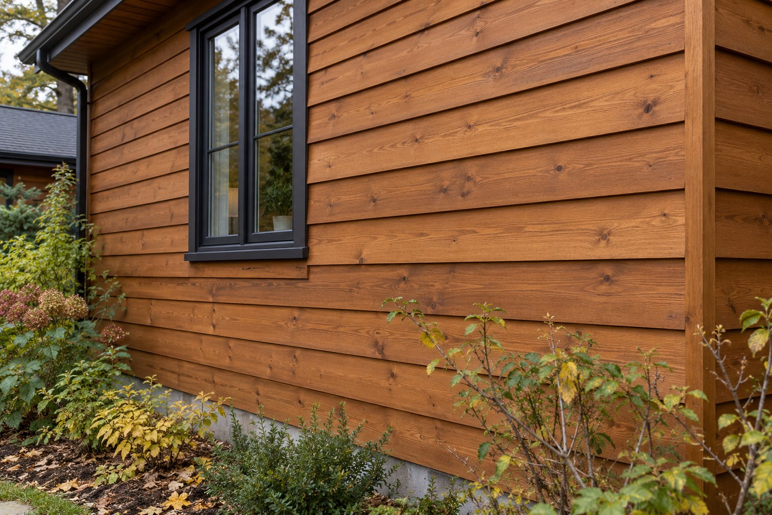Cedar exterior with an illustrative natural cedar transparent finish
